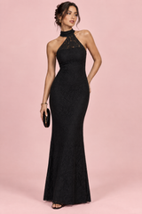 Black Asymmetric Halterneck Lace Maxi Dress with Slit