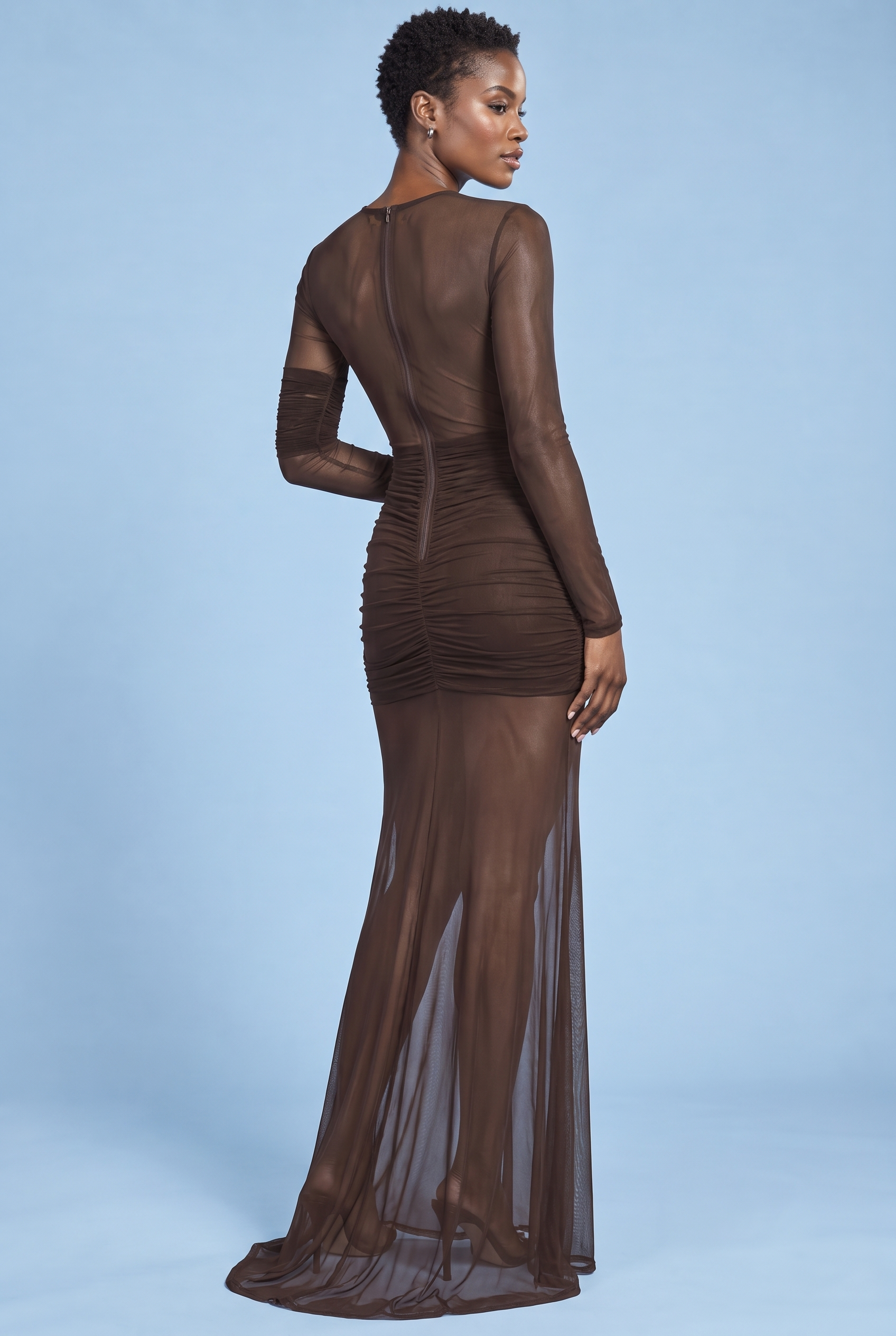 Robe longue moulante marron à fronces | Vue de dos | Lounelle Paris