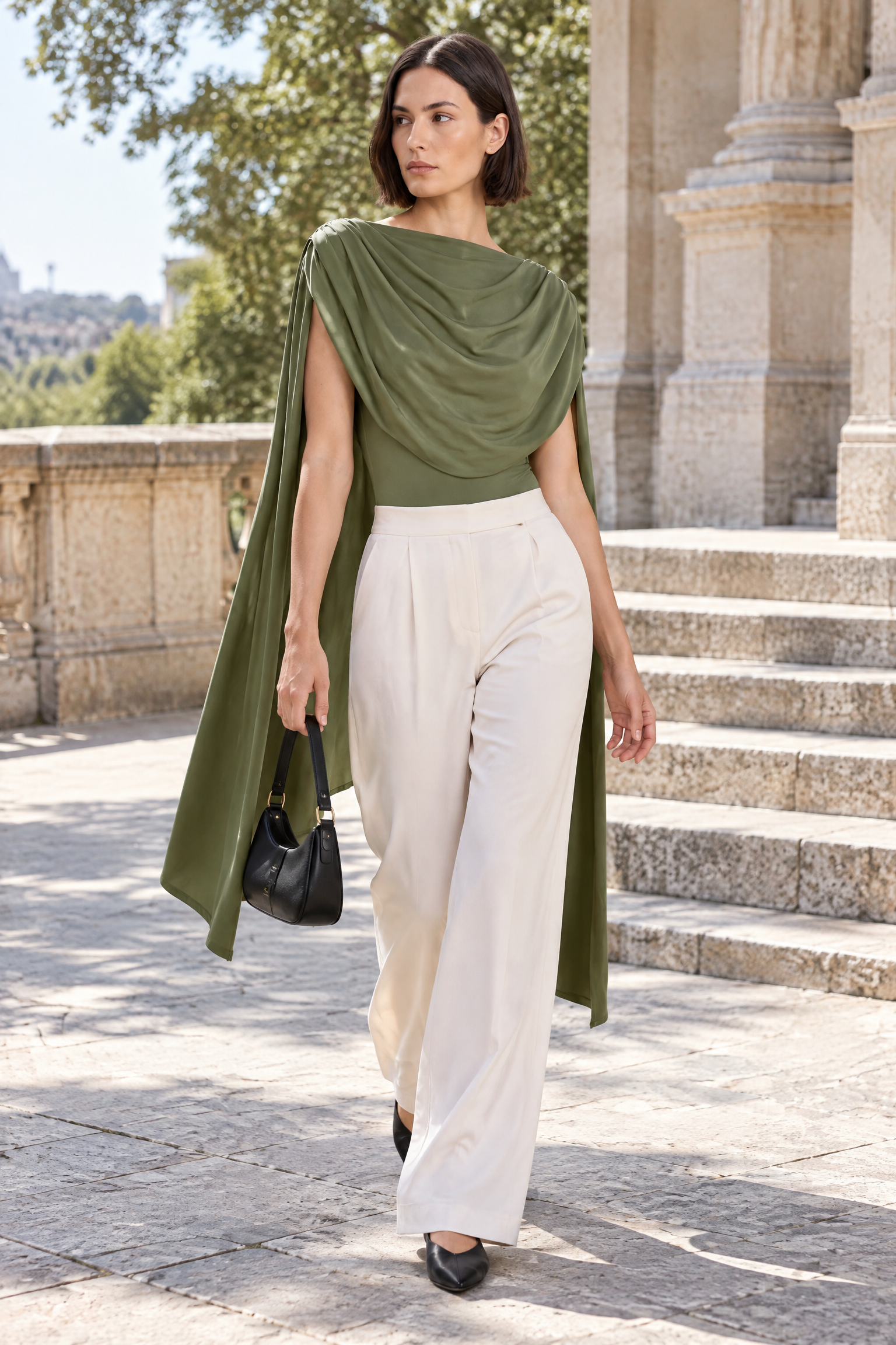 Body vert olive ajusté froncé à col bénitier | Photo lifestyle | Lounelle Paris