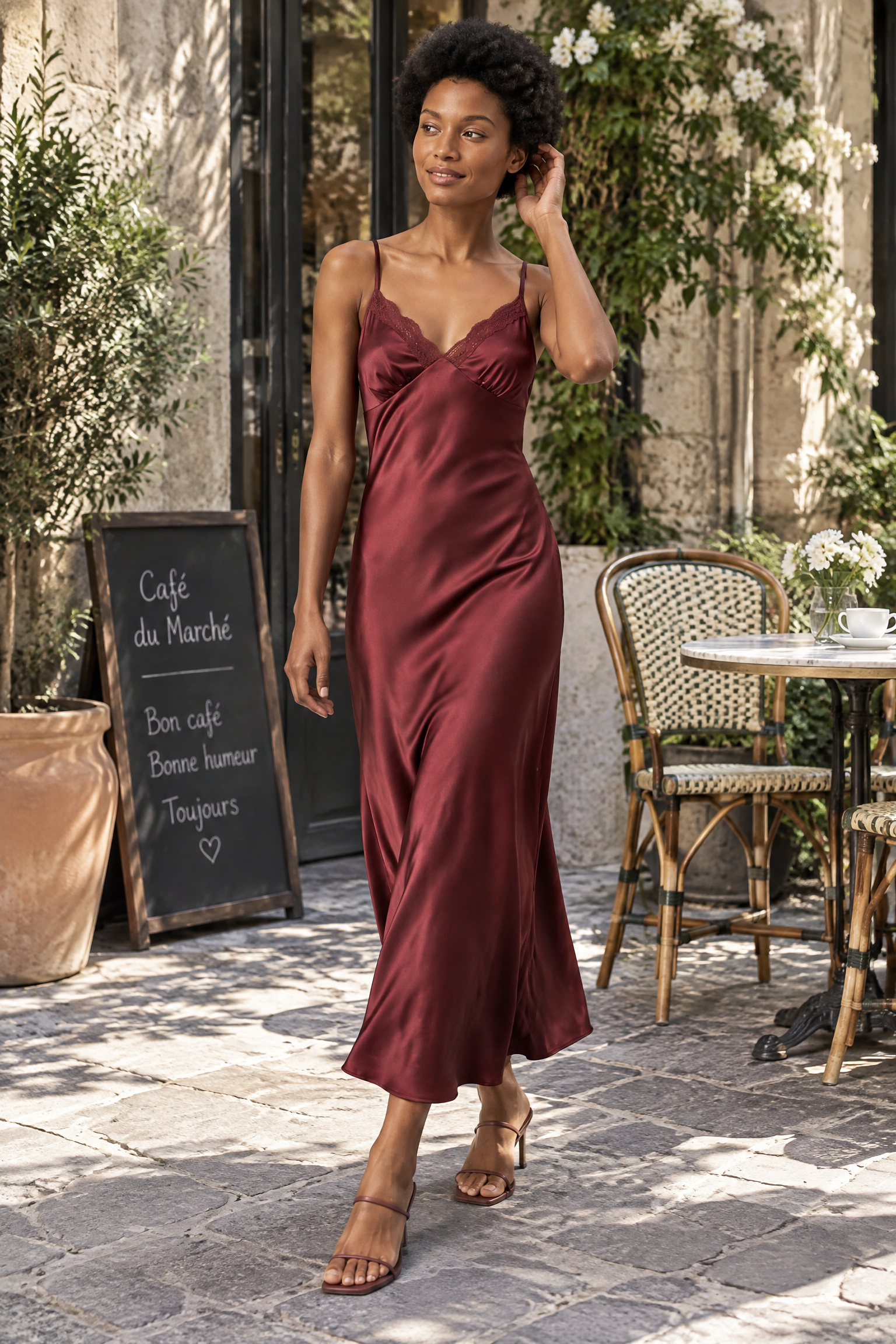 Robe nuisette longue bordeaux à dentelle | Photo lifestyle | Lounelle Paris