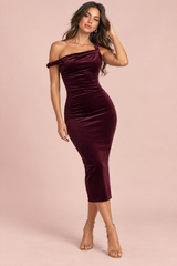 Burgundy Velvet Twisted Asymmetric Midi Dress