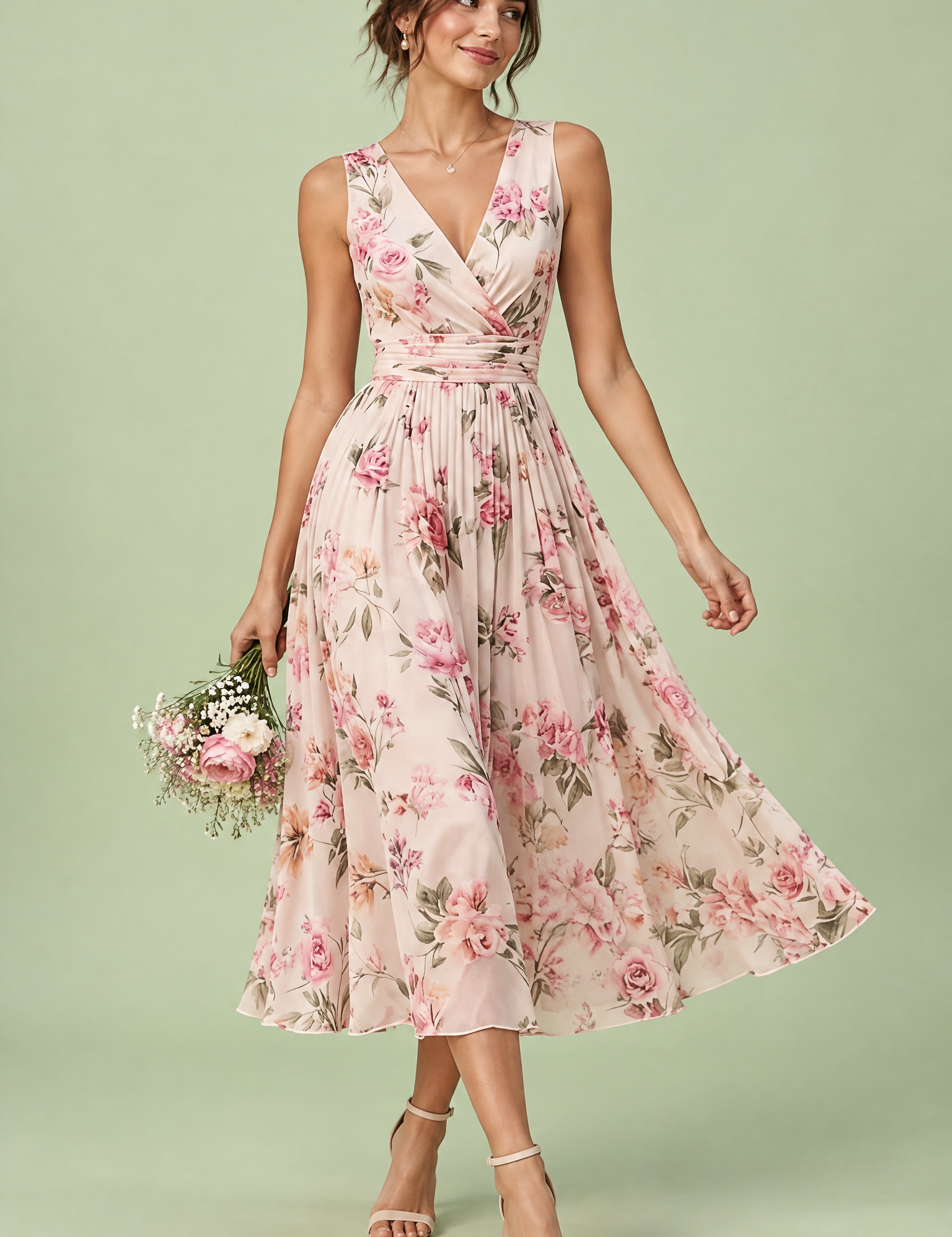 Robe midi rose à imprimé de bouquets floraux, col carré et coupe trapèze | Vue de face | Lounelle Paris