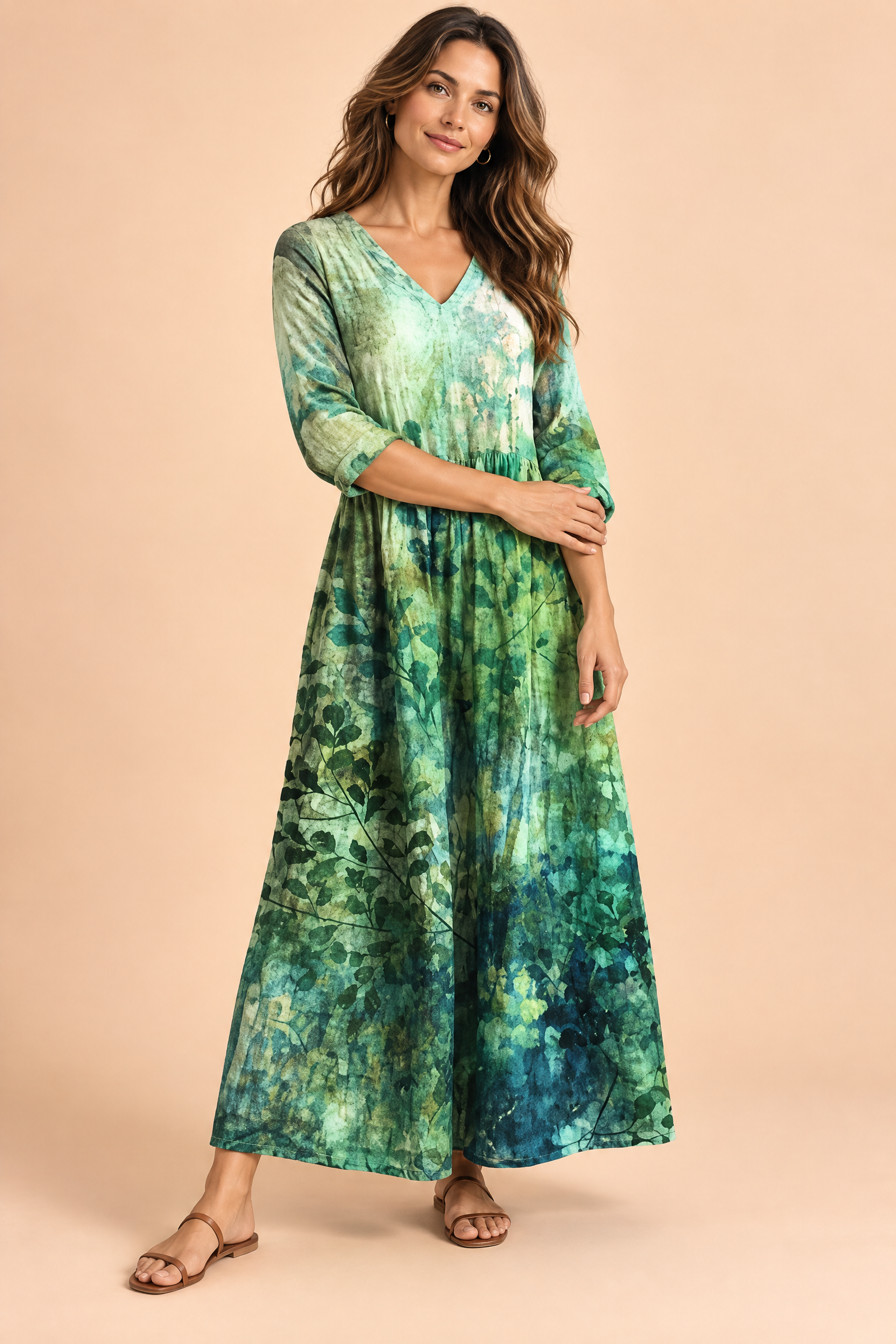 Robe verte fluide à col en V | Vue de face | Lounelle Paris