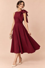 Burgundy Asymmetric-Neck Midi Dress With Bow-Sleeve