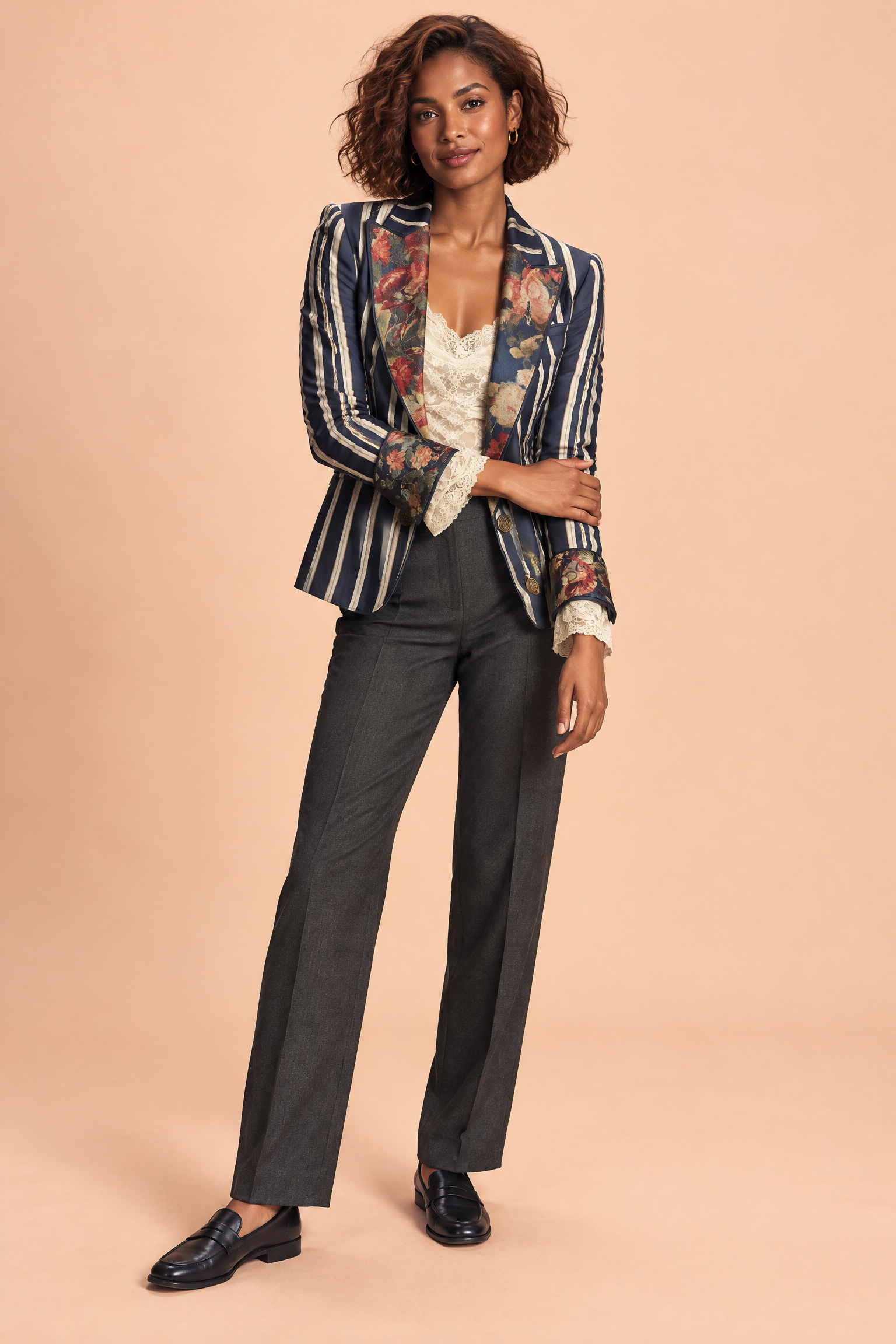 Blazer ajusté bleu à fleurs et rayures | Vue de face | Lounelle Paris