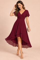 Burgundy Flutter Sleeve High-Low Dress