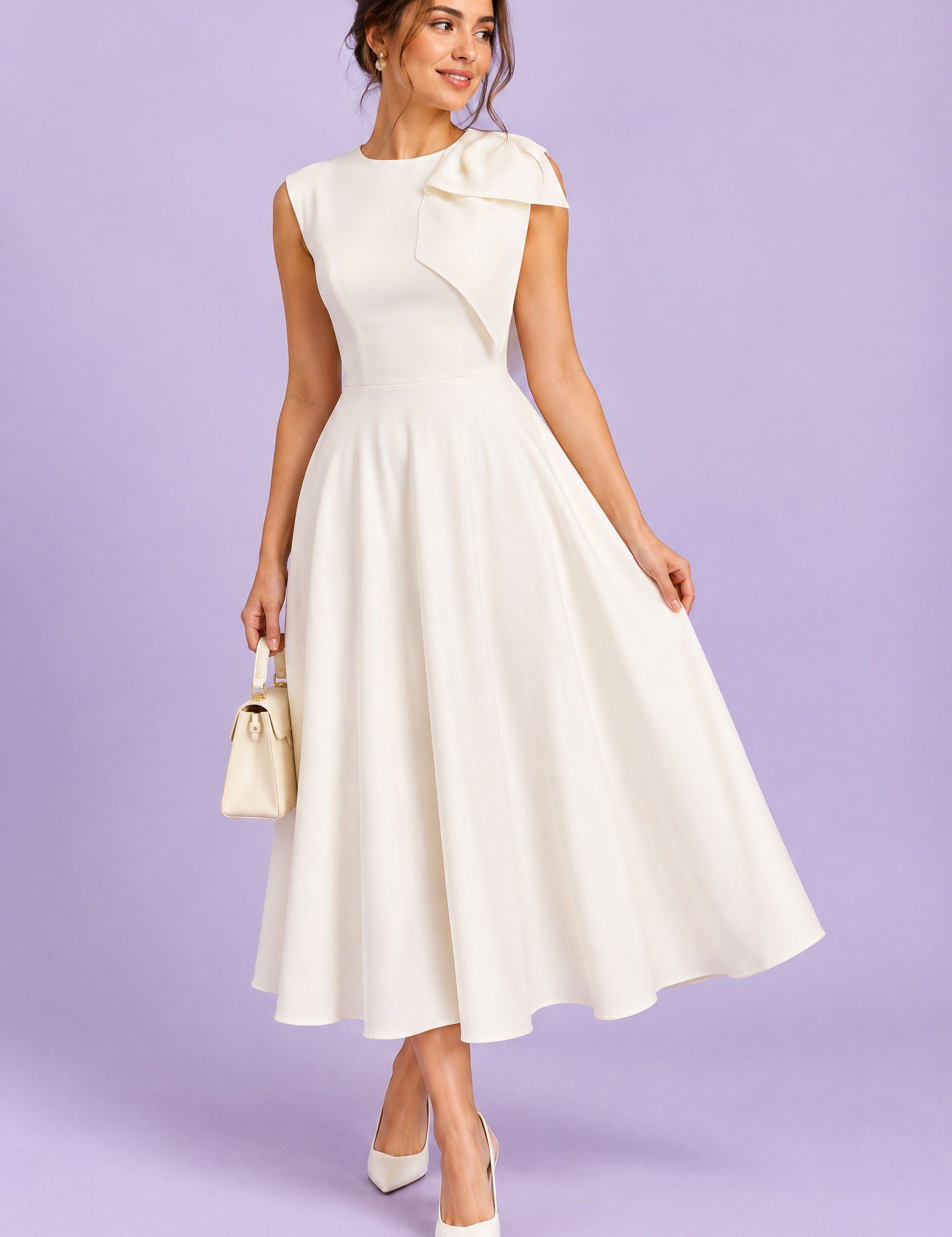 Robe midi blanche à encolure asymétrique et manche à nœud | Vue de face | Lounelle Paris