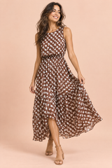 Coffee Brown Polka-Dot High-Neck Maxi Dress With Draped Detailing