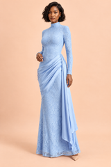 Sky Blue High-Neck Lace Maxi-Dress With Draped-Skirt