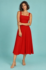 Red A-line midi dress with square neckline and slim straps