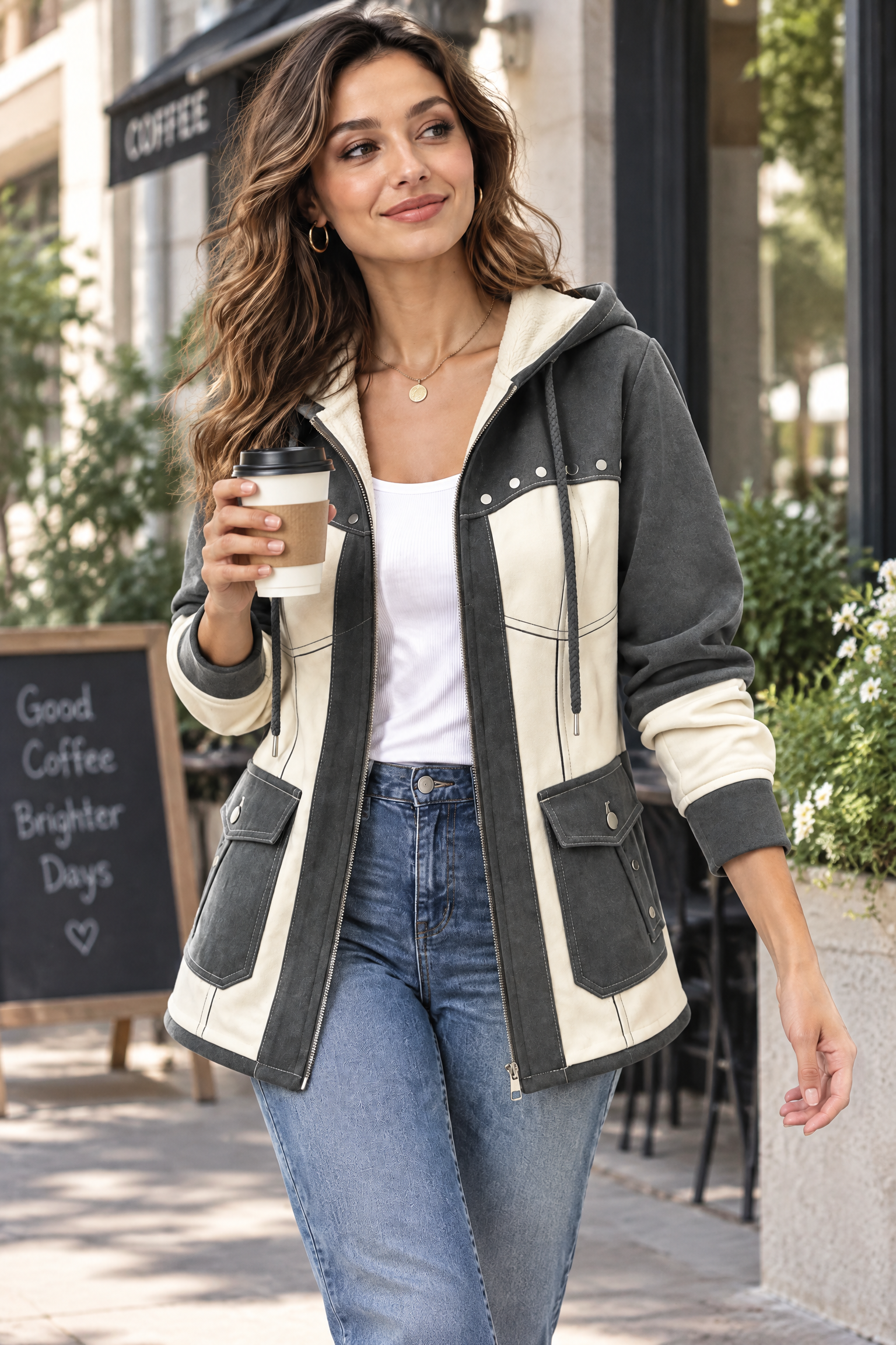 Veste à capuche grise à empiècements | Photo lifestyle | Lounelle Paris