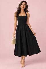 Black Halter Skater Midi Dress