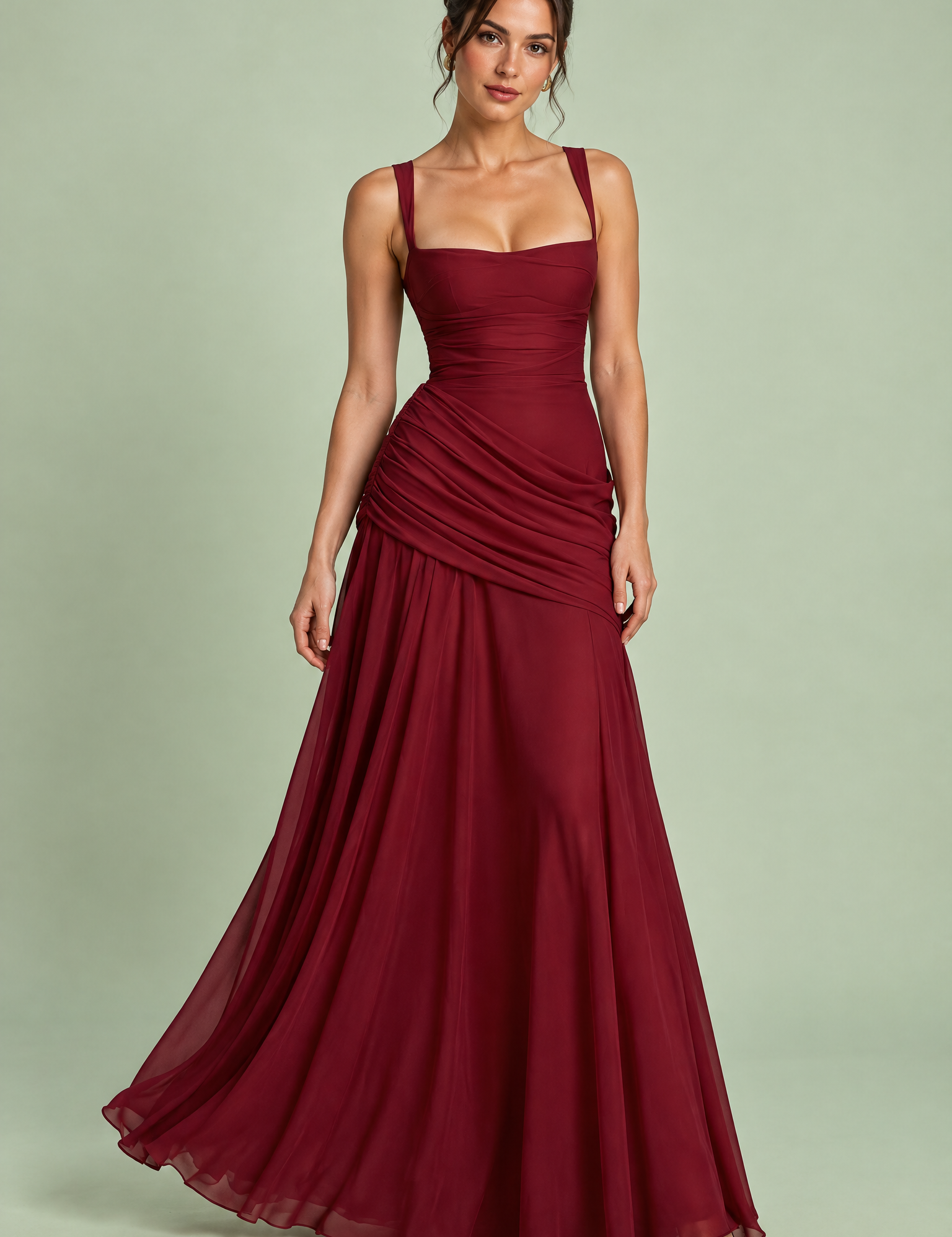 Robe longue bordeaux froncée à encolure carrée et coupe évasée | Vue de face | Lounelle Paris