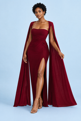Red Square-Neck Bodycon Maxi Dress with Side Slit and Cape Sleeves