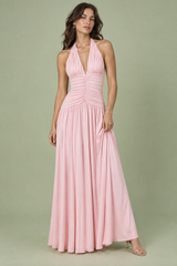 Pink Plunge-Neck Maxi Dress With Gathered-Detailing