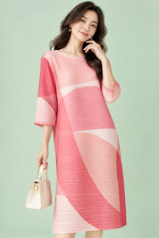 Robe midi trapèze plissée rose | Vue rapprochée | Lounelle Paris