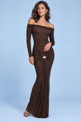 Dark Brown Ruched Asymmetric Maxi Dress With Drape
