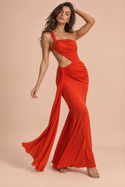 Robe longue orange rouge asymétrique à jupe portefeuille | Vue en mouvement | Lounelle Paris