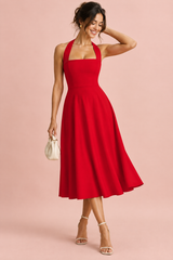 Red midi dress with a flared skirt and square neckline
