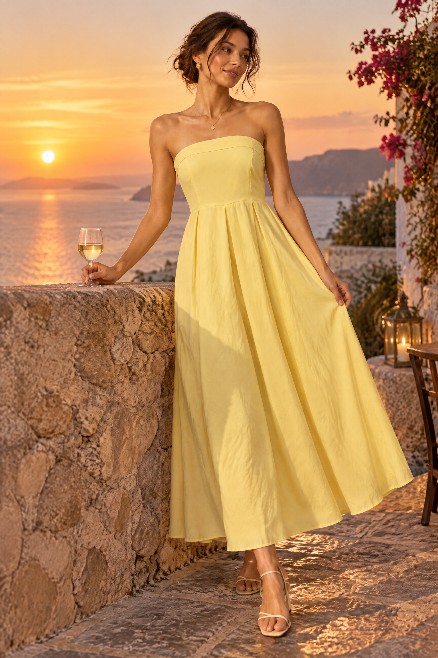 Robe midi évasée bustier — jaune | Deuxième photo lifestyle | Lounelle Paris