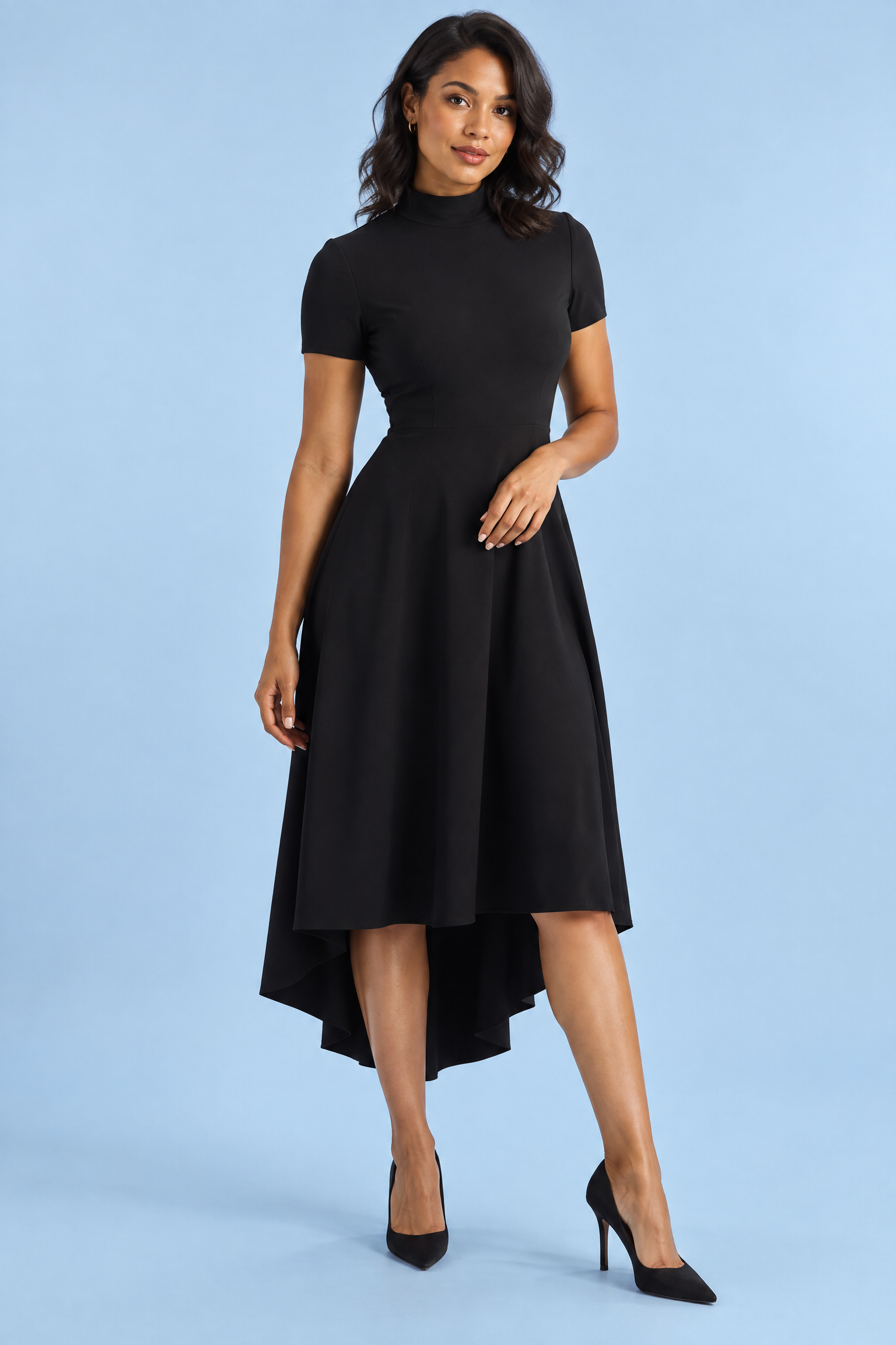Robe midi asymétrique à col montant noire | Vue de face | Lounelle Paris
