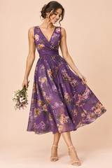 Purple Floral Floral Bouquet Print Square-Neck Midi Dress
