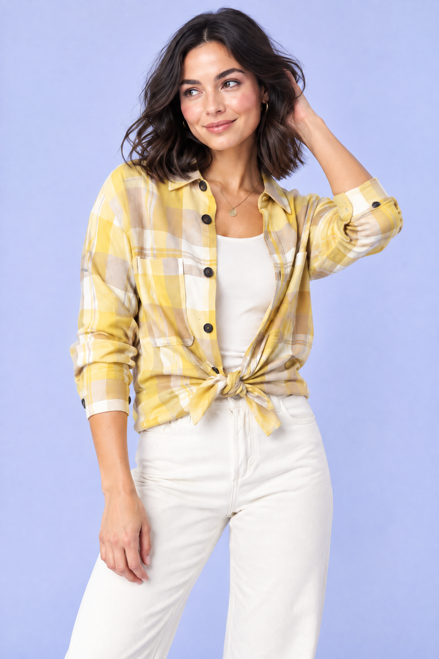 Chemise oversize boutonnée à carreaux jaune | Vue rapprochée | Lounelle Paris