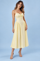 Yellow Floral Print Sweetheart-Neck Midi Dress With Ruching Detail