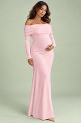 Pink Maternity Ruched Mesh Bardot Maxi Dress