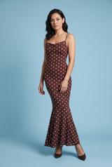 Brown Polka Dot Mermaid Maxi Dress with Draped Cowl Neckline