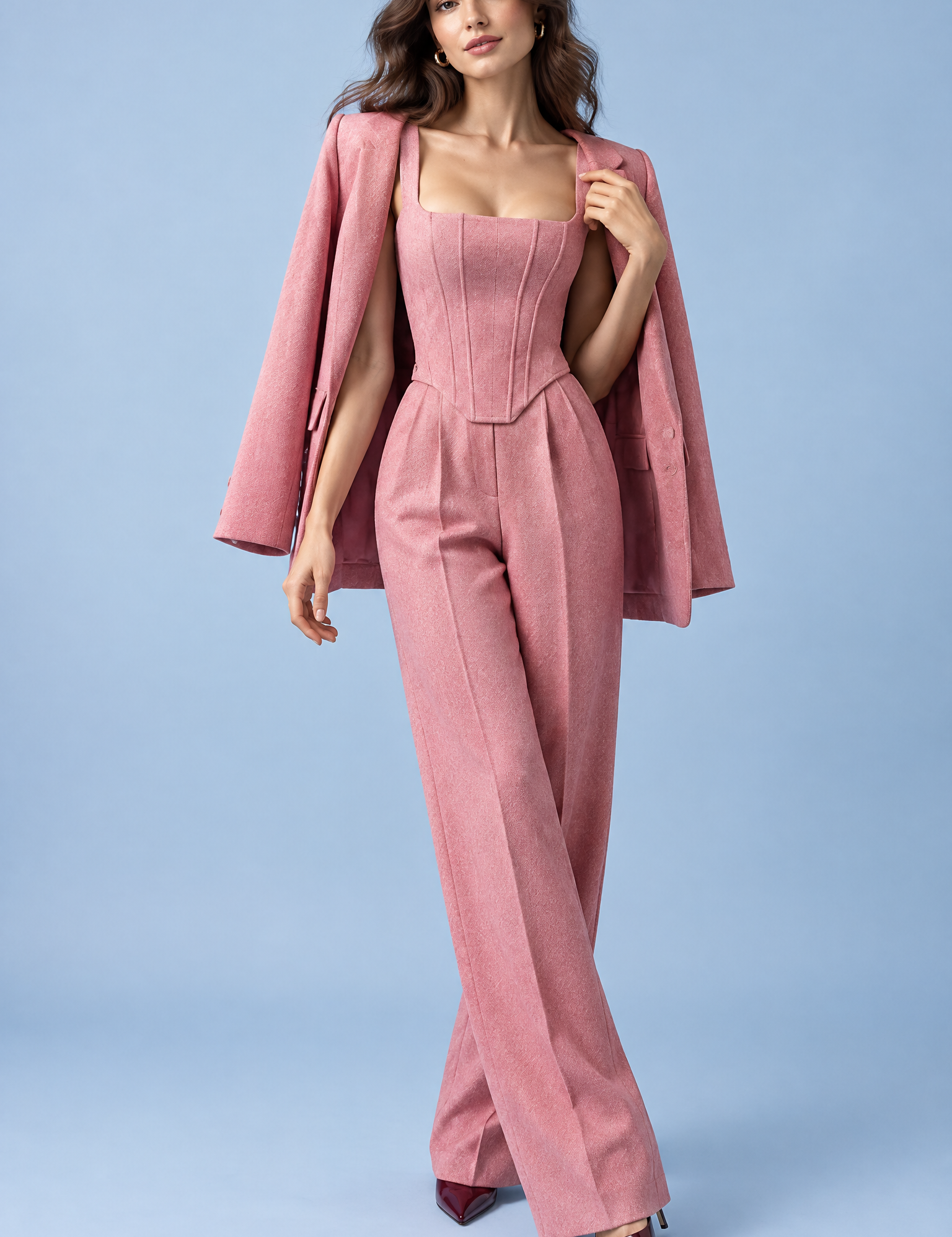 Ensemble tailleur trois pièces rose à corset | Vue de face | Lounelle Paris