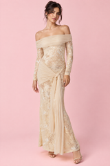 Beige Lace Bardot-Neck Maxi Dress With Gathered-Detailing And Sash