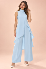 Blue Sleeveless High-Neck Flowy Pants Set