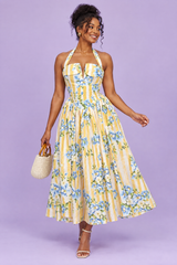 Yellow Floral Stripe Halter Dress