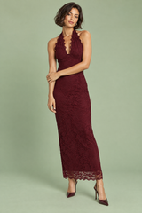 Burgundy Lace Asymmetric-Neck Maxi Dress With Collar-Detail