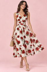 Red Floral Floral Bouquet Print Square-Neck Midi Dress
