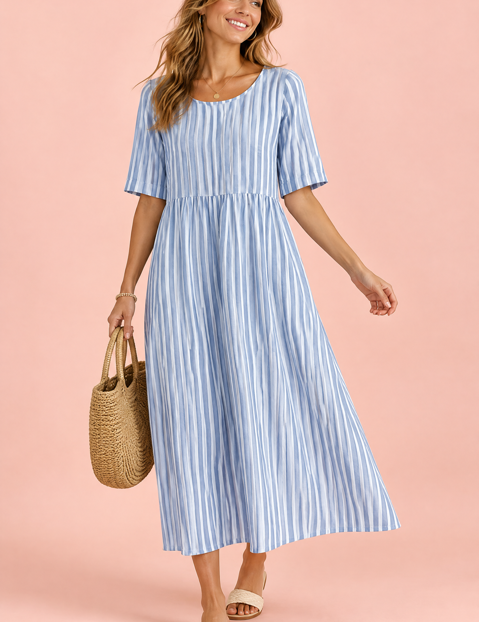 Robe midi trapèze à motif floral bleu clair | Vue de face | Lounelle Paris