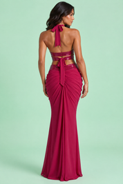 Ensemble magenta à dos nu avec jupe longue drapée | Vue de dos | Lounelle Paris