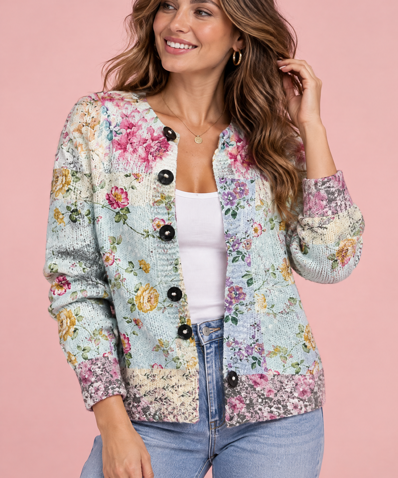 Cardigan fleuri boutonné bleu | Vue de face | Lounelle Paris