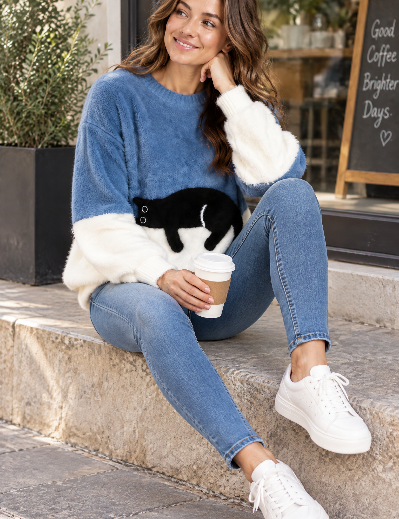 Pull oversize bleu à motif chat | Photo lifestyle | Lounelle Paris