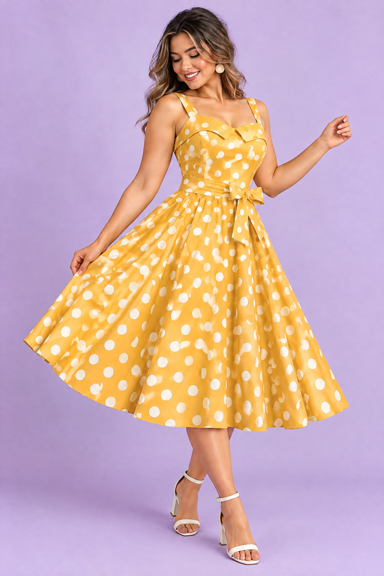 Robe midi jaune à pois et encolure carrée | Porté sur une autre silhouette | Lounelle Paris