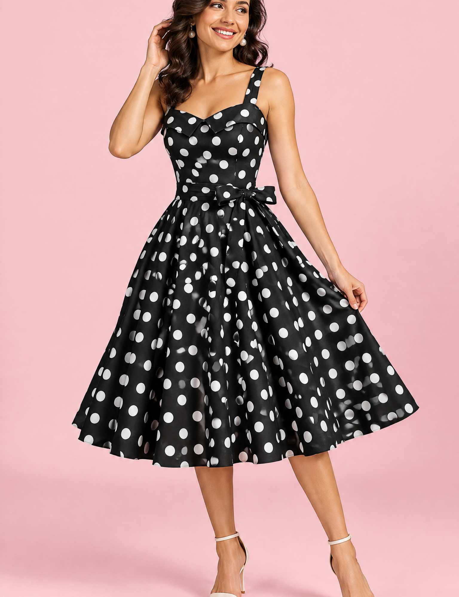 Robe midi noire à pois et encolure carrée | Vue de face | Lounelle Paris