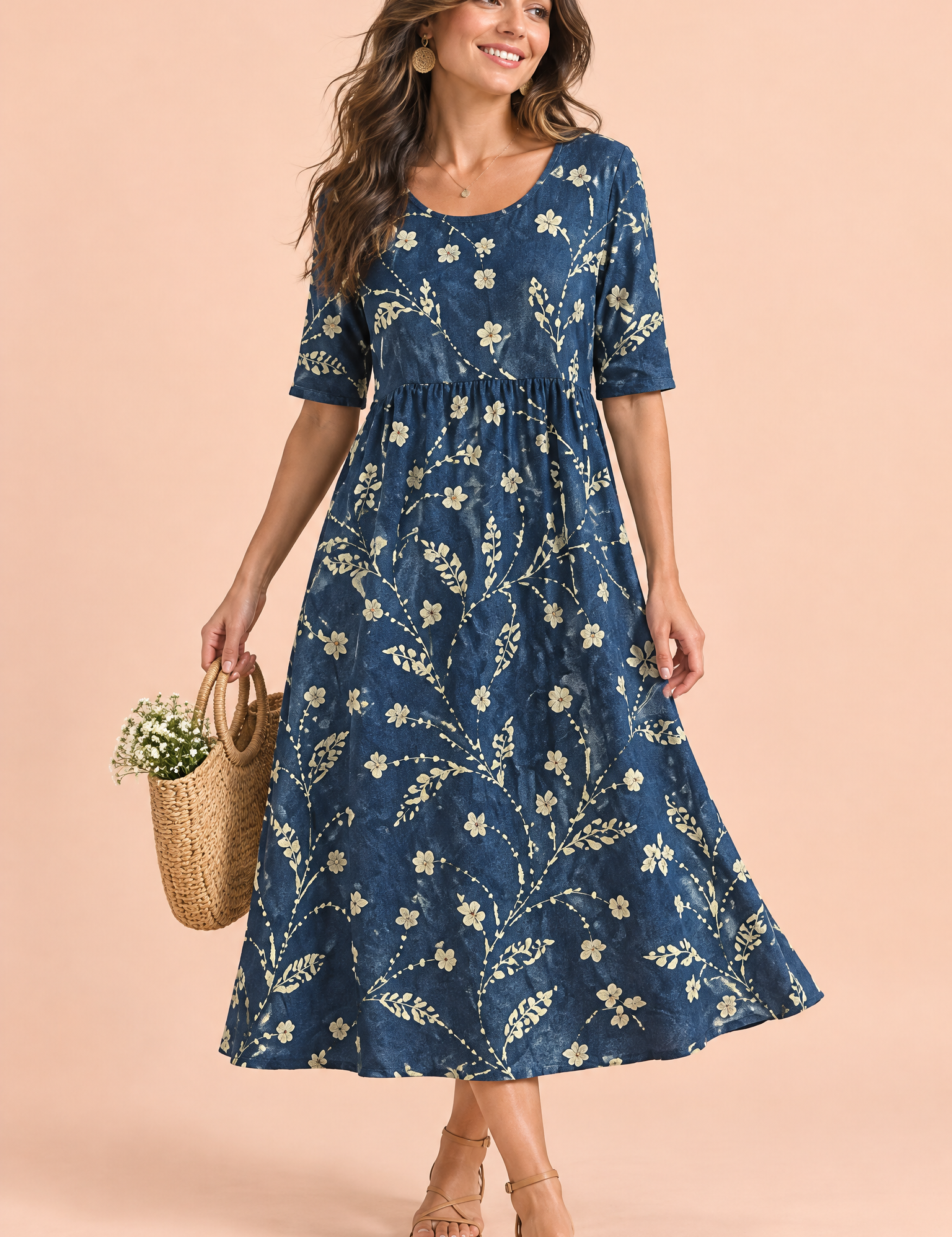 Robe midi trapèze à motif floral bleu marine | Vue de face | Lounelle Paris