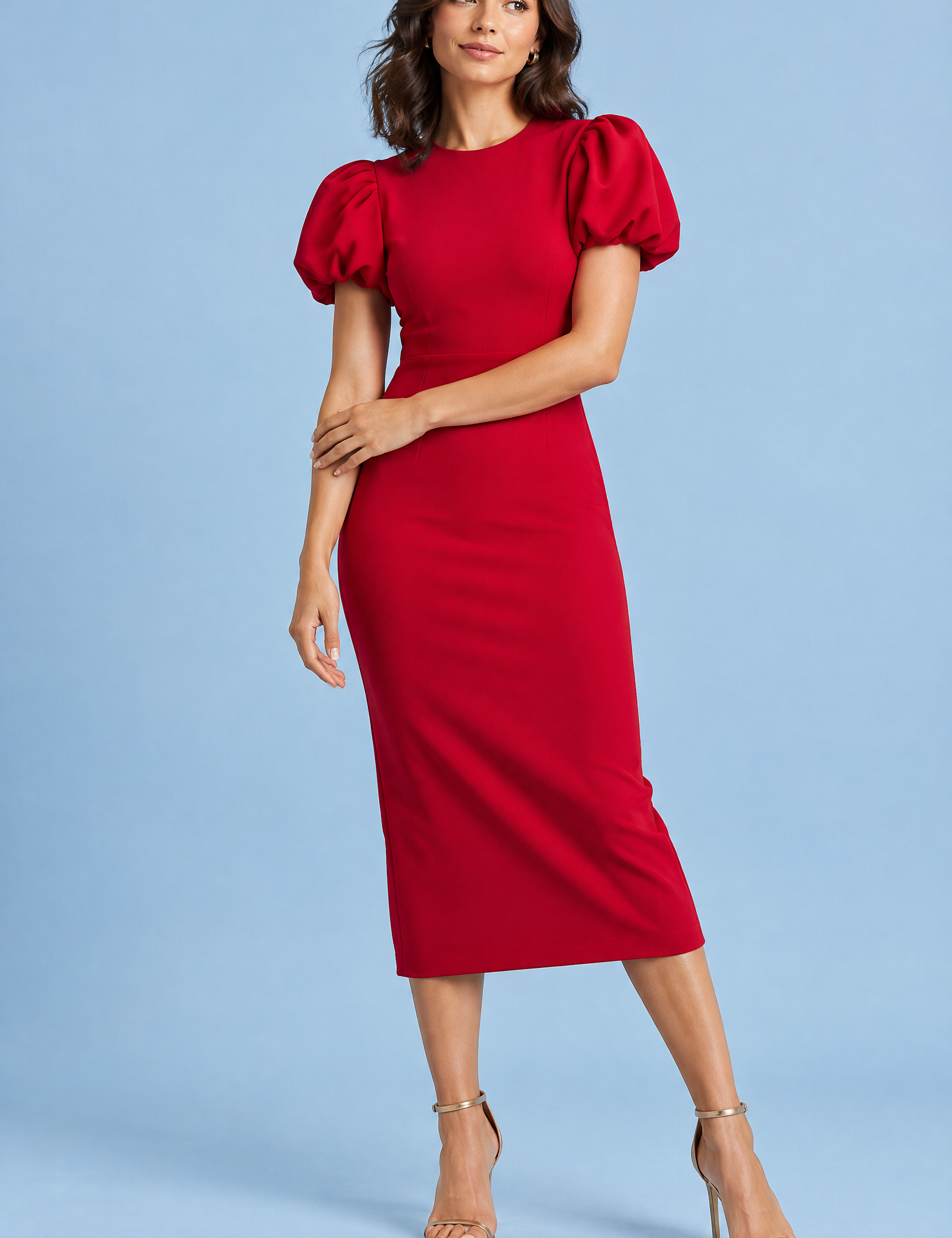 Robe midi rouge à manches bouffantes | Vue de face | Lounelle Paris