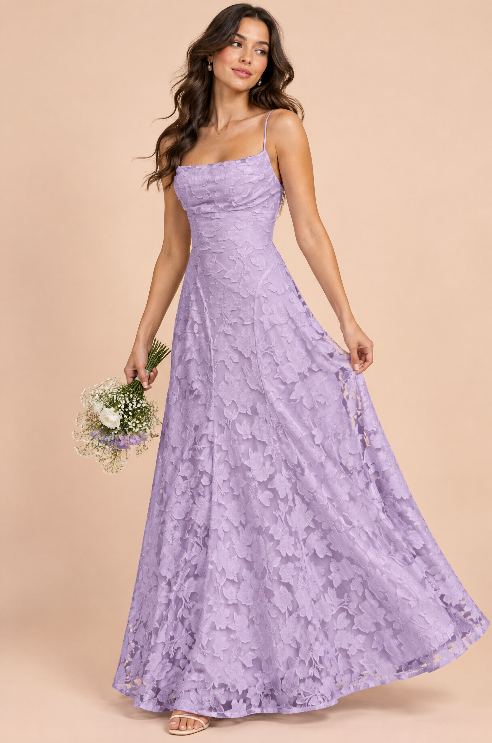 Robe longue fleurie lavande à col bénitier | Vue de face | Lounelle Paris
