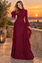 Robe longue bordeaux à volants et manches cloche | Deuxième photo lifestyle | Lounelle Paris
