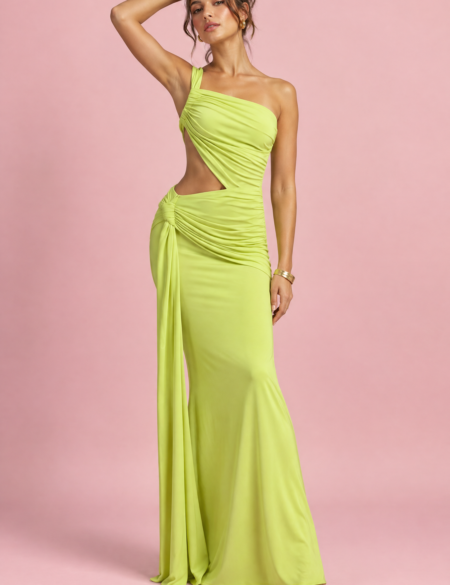 Robe longue verte asymétrique à jupe portefeuille | Vue de face | Lounelle Paris