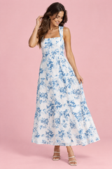 White with Blue Porcelain Print Square-Neck Midi Dress