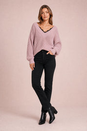 Pull col V à dentelle | Variante Rose | Lounelle Paris