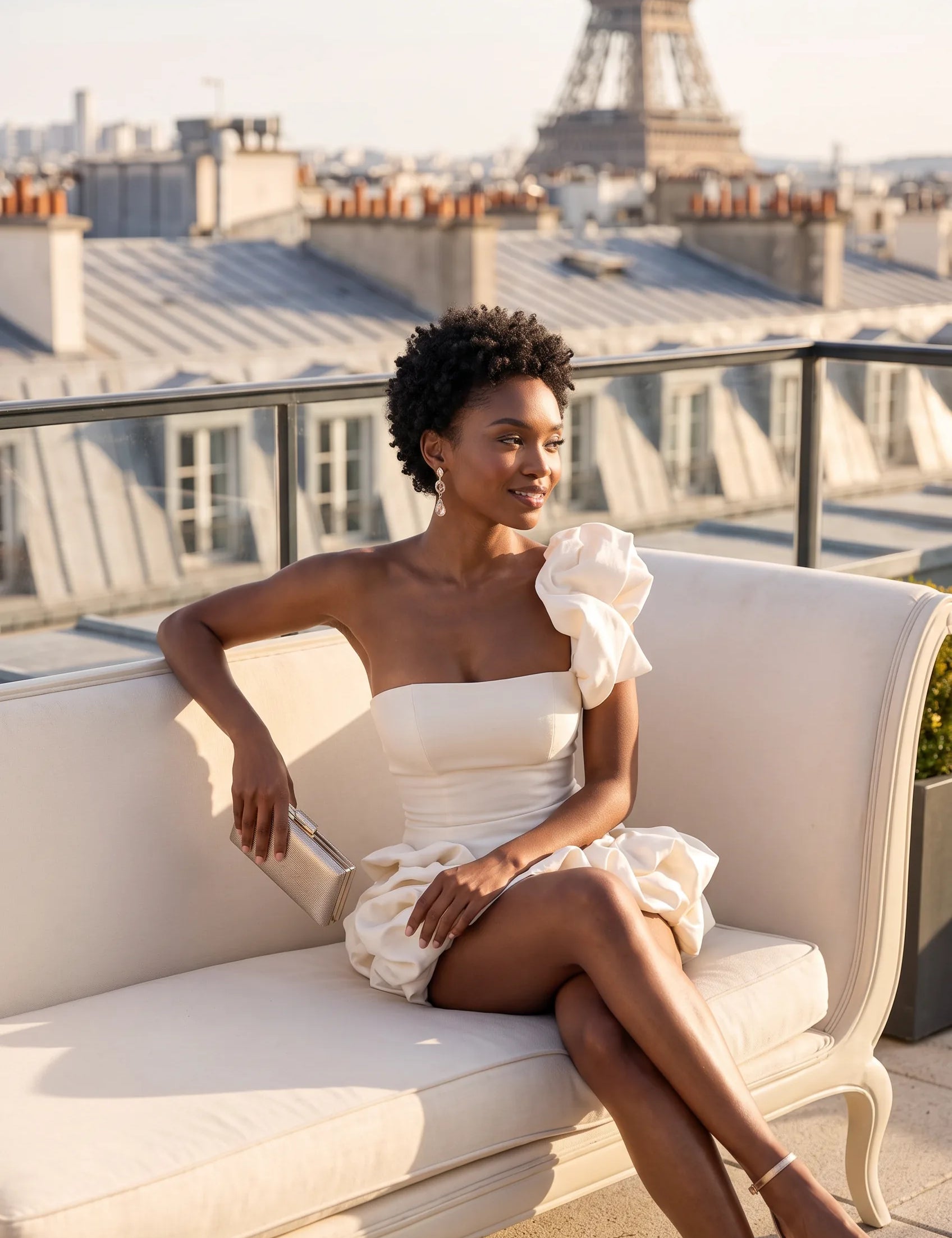 Robe bustier asymétrique volantée | Photo lifestyle | Lounelle Paris
